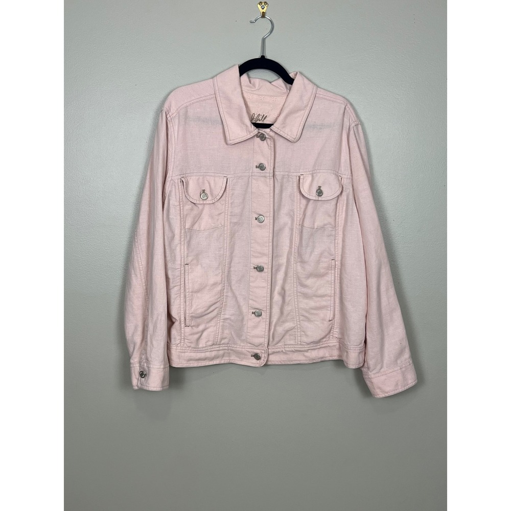 J. Jill Pink Linen Blend Trucker Jacket Womens 2X Button Front Embroidered Yoke‎